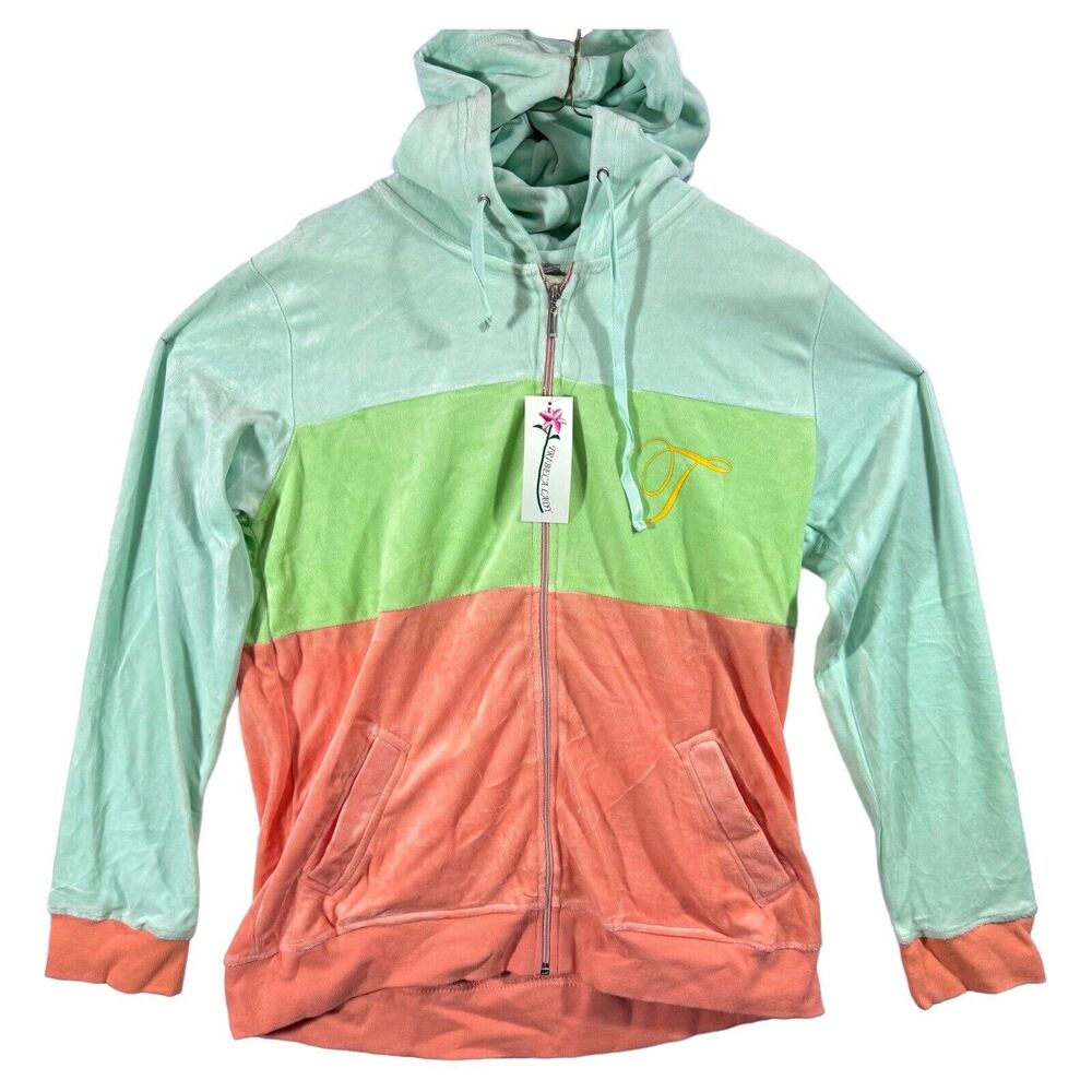 Tribeca Lady Teal Green Pink Stitch Soft Zip-up Drawstring VTG Jacket Woman’s XL